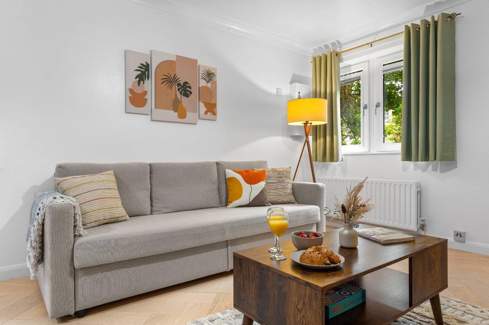 Staged living room ready for rental guests